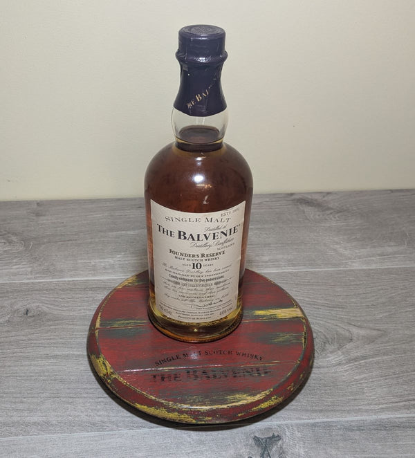 decorative oak barrel lid display plinth with whisky bottle