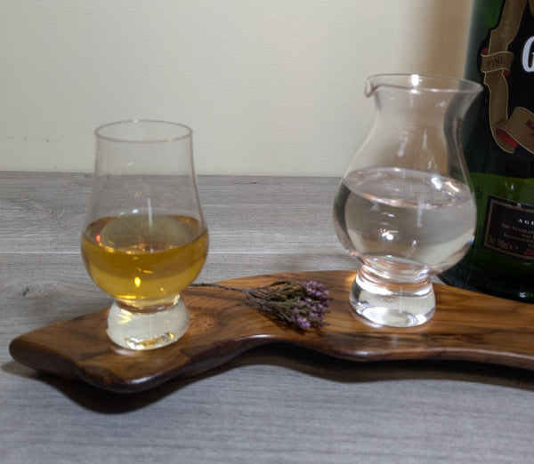 YEW DISPLAY PLINTH WITH GLENCAIRN WEE WHISKY GLASS & WEE WATER JUG