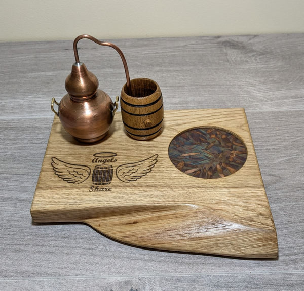 angels share oak display plinth with miniature barrel & copper still