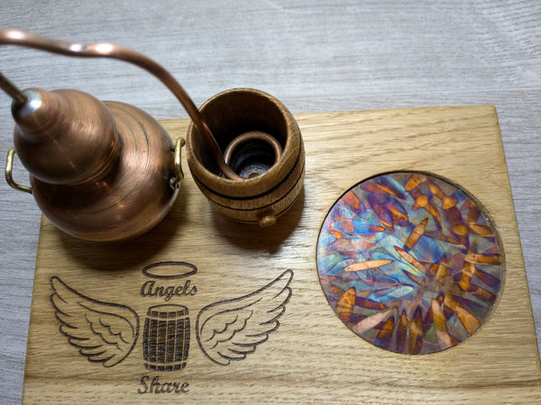 angels share oak display plinth with miniature barrel & copper still