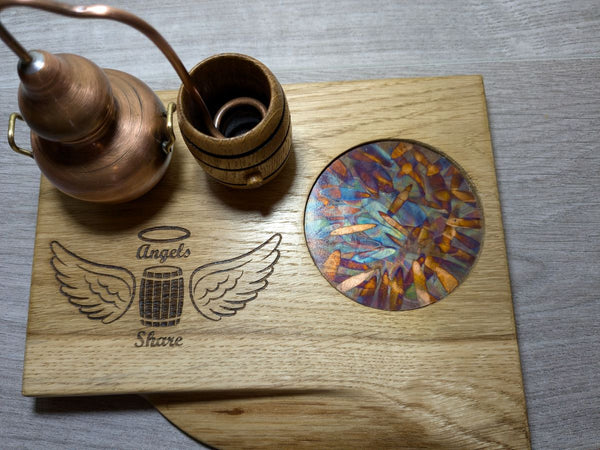 angels share oak display plinth with miniature barrel & copper still