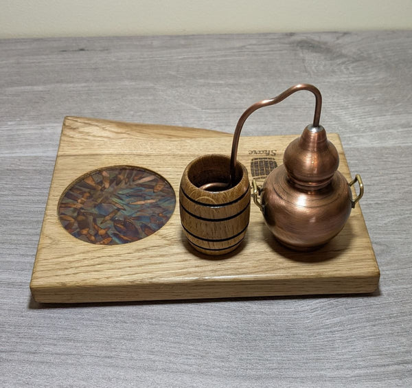 angels share oak display plinth with miniature barrel & copper still - reverse side