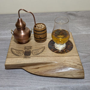 angels share oak display plinth with miniature barrel & copper still