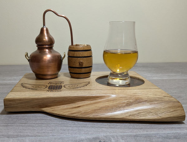 angels share oak display plinth with miniature barrel & copper still with whisky glass