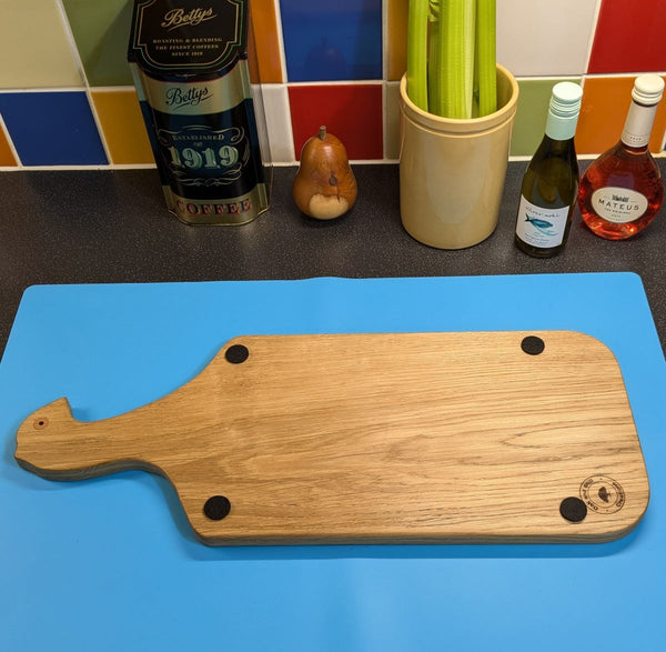 under side of oak charcuterie serving board - partridge
