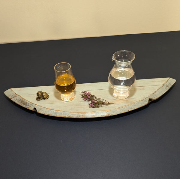 ORIGINAL OAK WHISKY PART BARREL DISPLAY PLINTH inc glass, jug & brass cat ornament