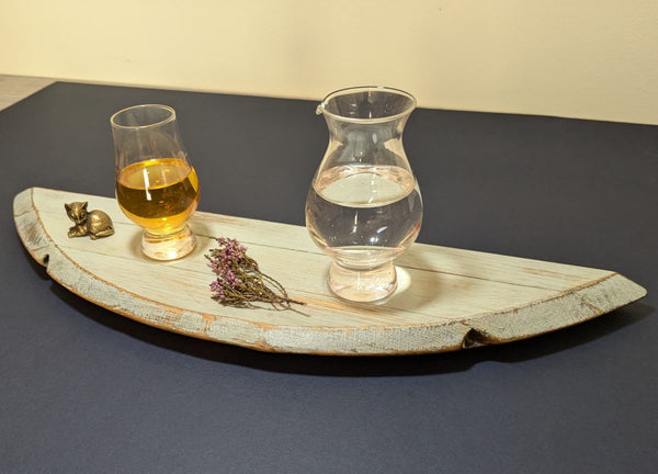 ORIGINAL OAK WHISKY PART BARREL DISPLAY PLINTH inc glass, jug & brass cat ornament