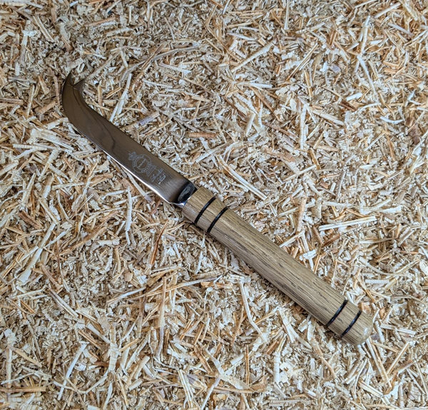 CHEESE KNIFE WITH WHISKY BARREL STAVE OAK HANDLE