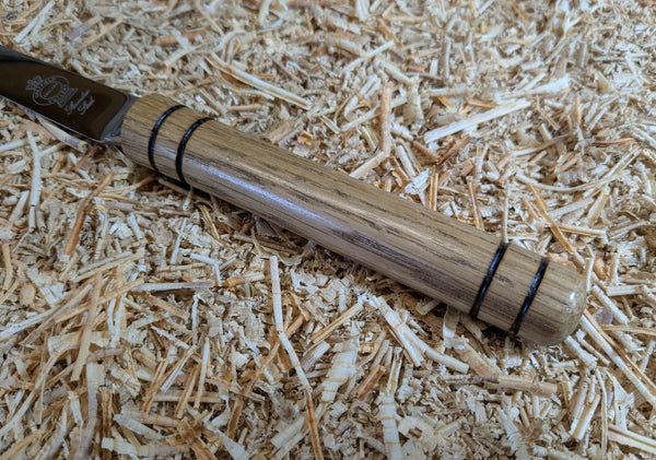CHEESE KNIFE WITH WHISKY BARREL STAVE OAK HANDLE