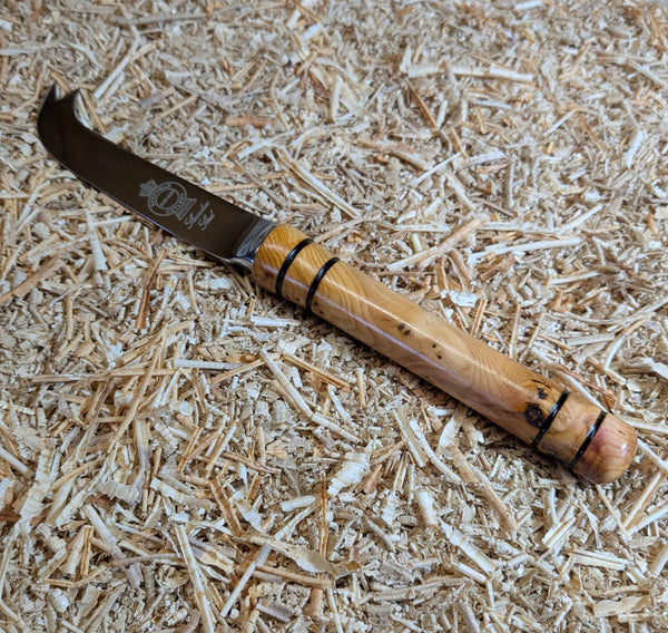 CHEESE KNIFE WITH PIPPY YEW WOOD HANDLE