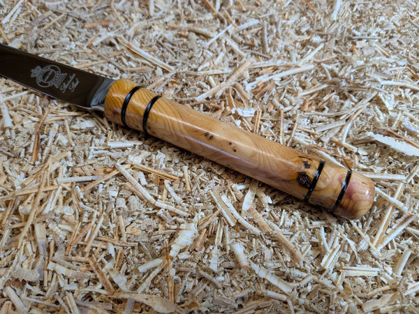 CHEESE KNIFE WITH PIPPY YEW WOOD HANDLE