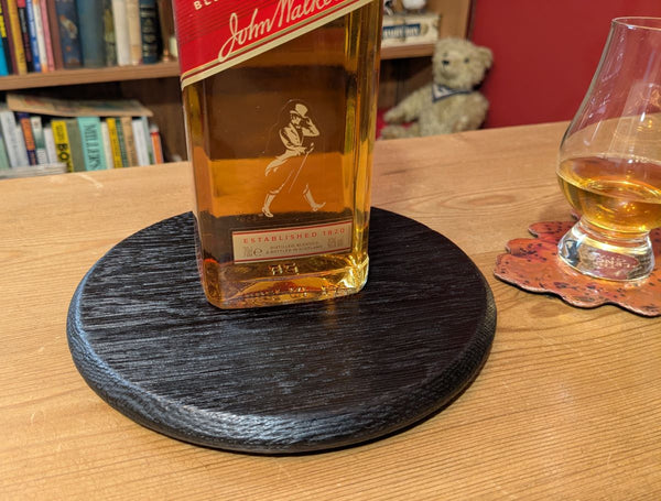 YAKISUGI OAK 'BARREL LID STYLE' DISPLAY PLINTH WITH COPPER OAK LEAF COASTER