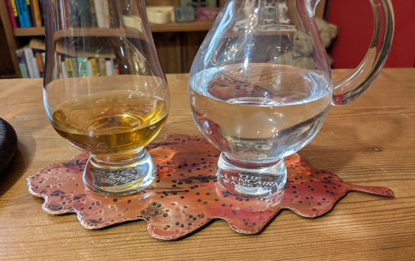 YAKISUGI OAK 'BARREL LID STYLE' DISPLAY PLINTH WITH COPPER OAK LEAF COASTER