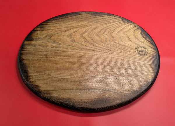 Ash wood 'Coffee Bean style' serving board underside with Oak and Still Creations Company Logo
