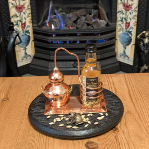 YAKISUGI 'BARREL LID STYLE' DISPLAY PLINTH WITH MINIATURE BOTTLE HOLDER DECORATIVE COPPER STILL