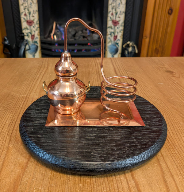 YAKISUGI 'BARREL LID STYLE' DISPLAY PLINTH WITH MINIATURE BOTTLE HOLDER DECORATIVE COPPER STILL