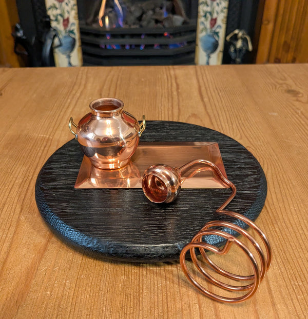 YAKISUGI 'BARREL LID STYLE' DISPLAY PLINTH WITH MINIATURE BOTTLE HOLDER DECORATIVE COPPER STILL