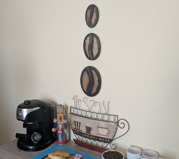 Set of 3 Ash wood Wall Art  coffee beans on wall side angle view