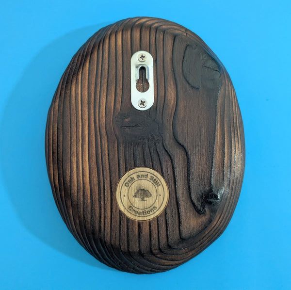 coffee bean wall art decor up close showing Yakisugi style Douglas Fir wood on reverse side with wall fixing bracket and Oak and Still Creations company logo