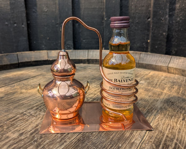 Copper Decorative Still Bottle holder with Miniature bottle of whisky 