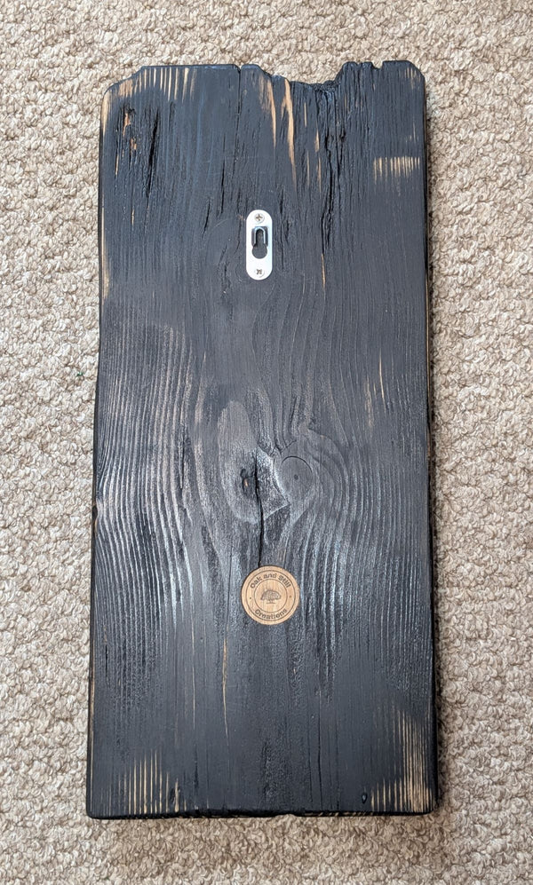 douglas fir wall art wooden plinth Yakisugi style reverse side showing hanging bracket & Oak and Still Creations company logo