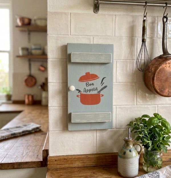 Vintage style shabby chic, sage green pine wall art shutter hanging on a Farmhouse kitchen wall, with a design on it of a red crock-pot & lid, along with the words "Bon Appetit" in black text