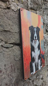 Video clip of Vintage style metal sign hanging on a stone wall with a picture on it of a Border Collie in a sitting pose