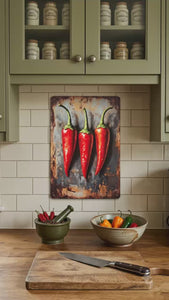 AI GENERATED VIDEO CLIP SHOWING A FUN VERSION OF VINTAGE STYLE METAL SIGN WITH THREE CHILLIS ON IT WHICH COMBUST INTO FLAMES WITH THE WORDS HOT, HOT, HOT