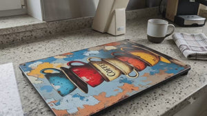 AI generated video clip of coffee beans falling down on top of the vintage stlye metal sign with an image of colourful coffee cups in a stack
